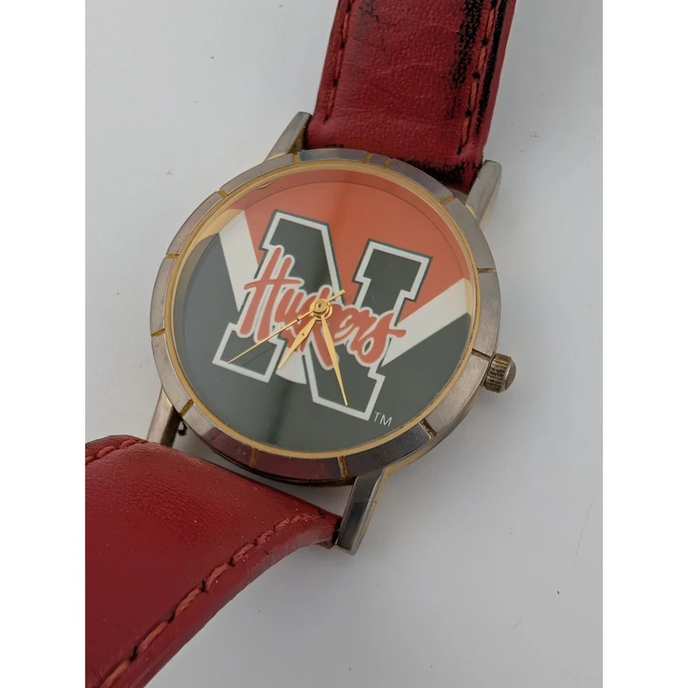 Vintage Nebraska Huskers Unisex Watch 33mm Case Red Leather Band- New Battery